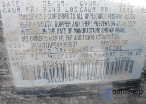 2019 Nissan Sentra S z USA, uszkodzony, nr VIN 3N1AB7AP9KY353867